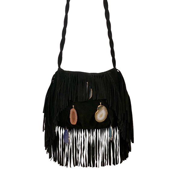 Ember Skye 'Kate' Fringe Suede Leather Satchel with Agate Stones - Picture 3 of 8